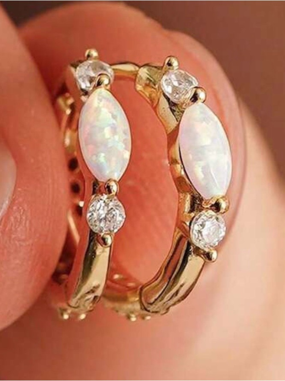 Gold Opal Colored Huggies Earrings with Cz accent Stones
